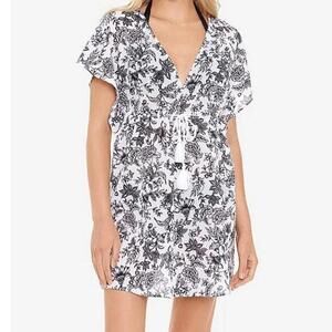 Toile Floral Print Short Flutter Sleeve V-Neck Swim Cover Up Dress - Small NWT
